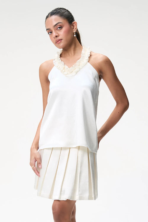 Ivory Halter Neck Top With Ruffle Detail