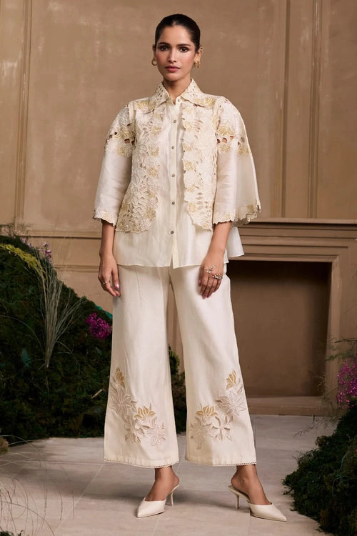 Ivory Metallic Cutwork Layered Shirt With Pant