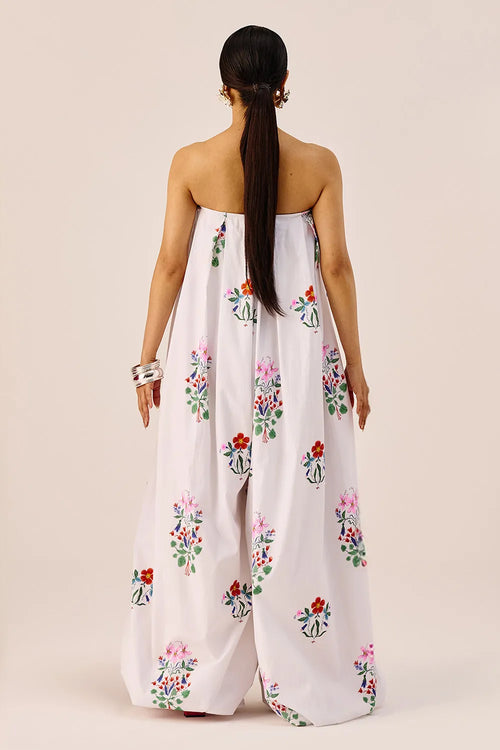White Floral Wide Leg Strapless Jumpsuit