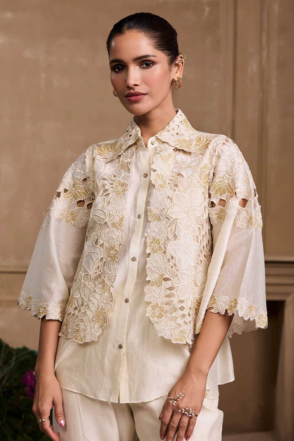 Ivory Metallic Cutwork Layered Shirt With Pant