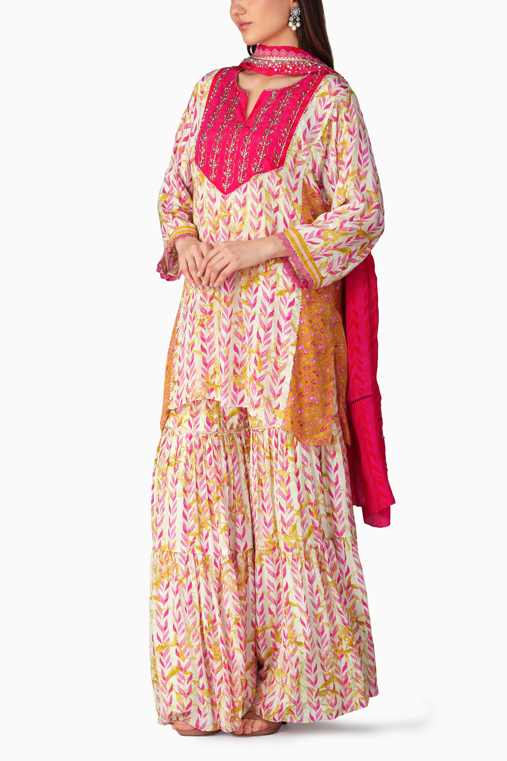 Pink Leaf Print Garara Set