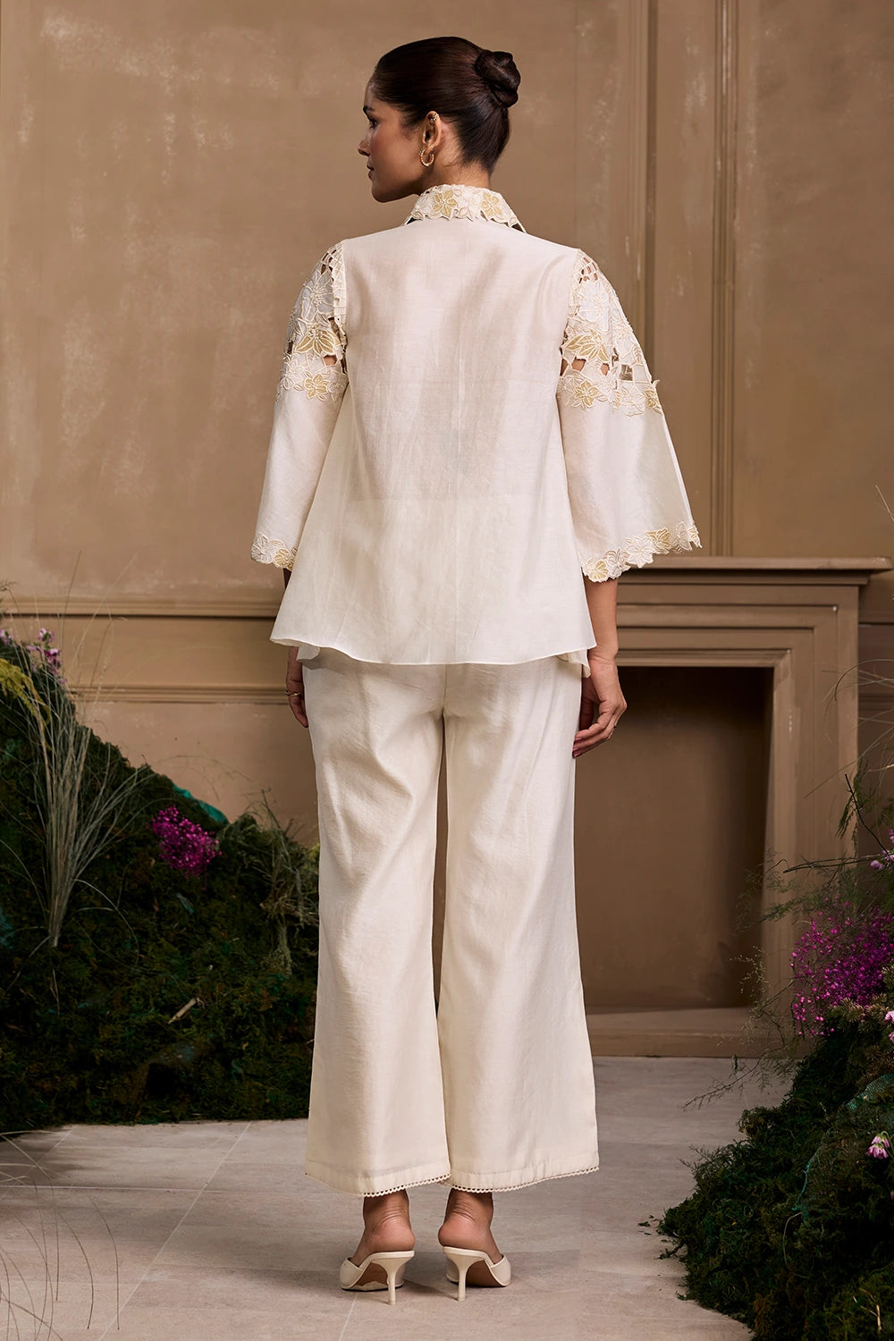 Ivory Metallic Cutwork Layered Shirt With Pant