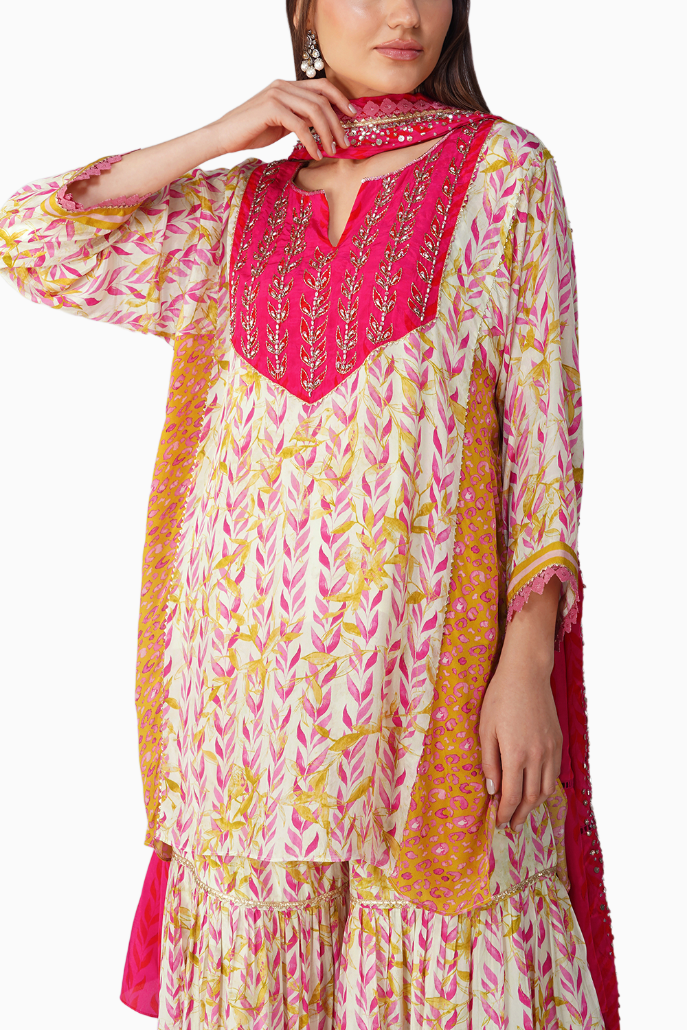 Pink Leaf Print Garara Set