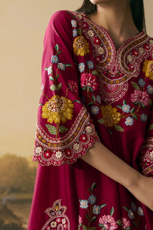 Cherry Red Flared Short Kurta With Tulip Pants