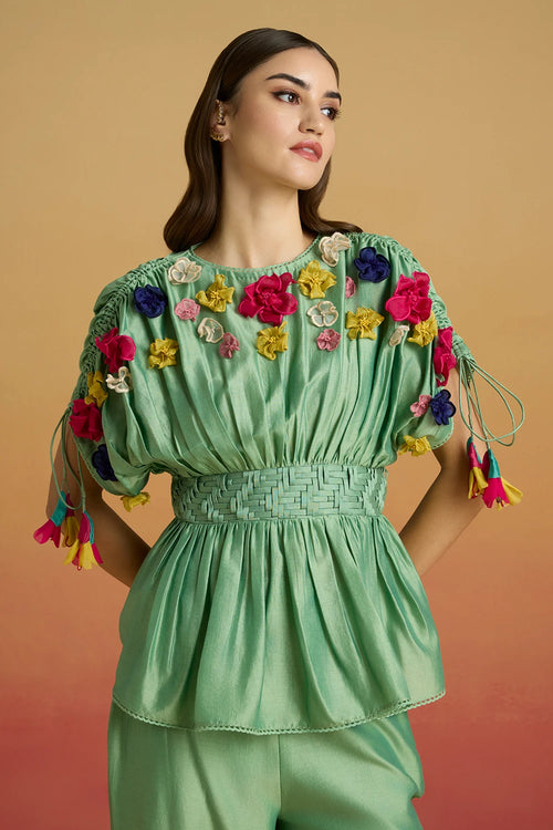 Sage Green 3D Floral Applique Top with Amaryllis Pants