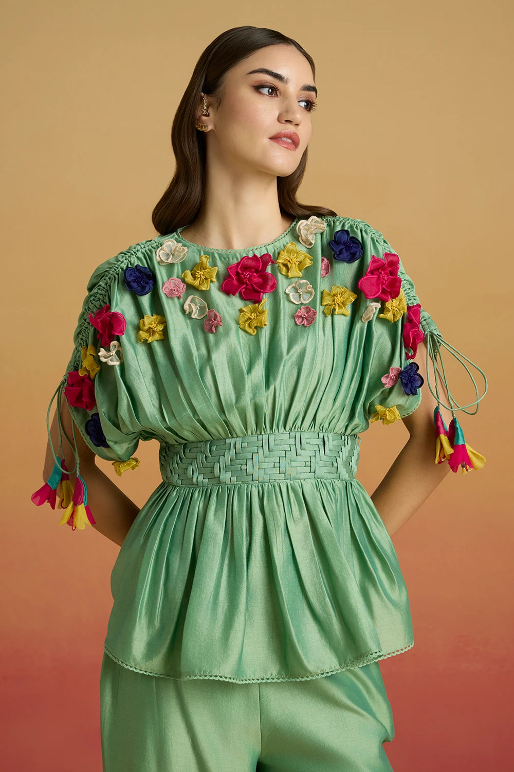 Sage Green 3D Floral Applique Top with Amaryllis Pants