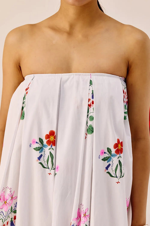 White Floral Wide Leg Strapless Jumpsuit