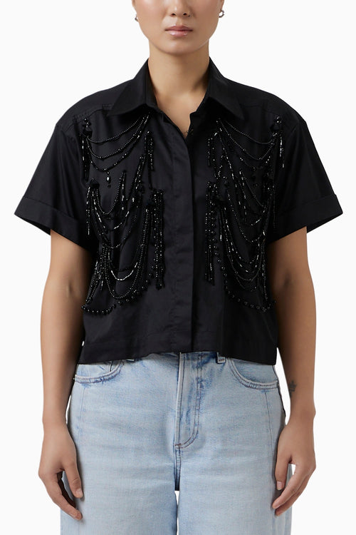 Fringe Black Crop Shirt