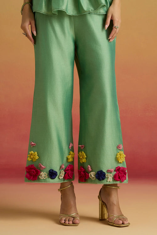 Sage Green 3D Floral Applique Amaryllis Pants