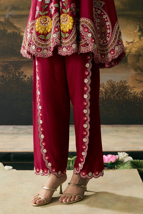 Cherry Red Flared Short Kurta With Tulip Pants