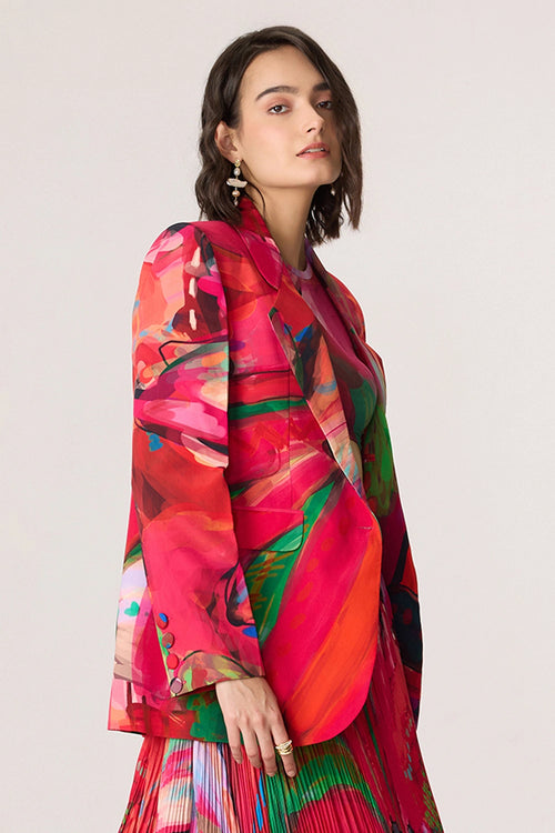 Pink Multi Zavi Blouse with Zora Skirt and Rebekkah Blazer
