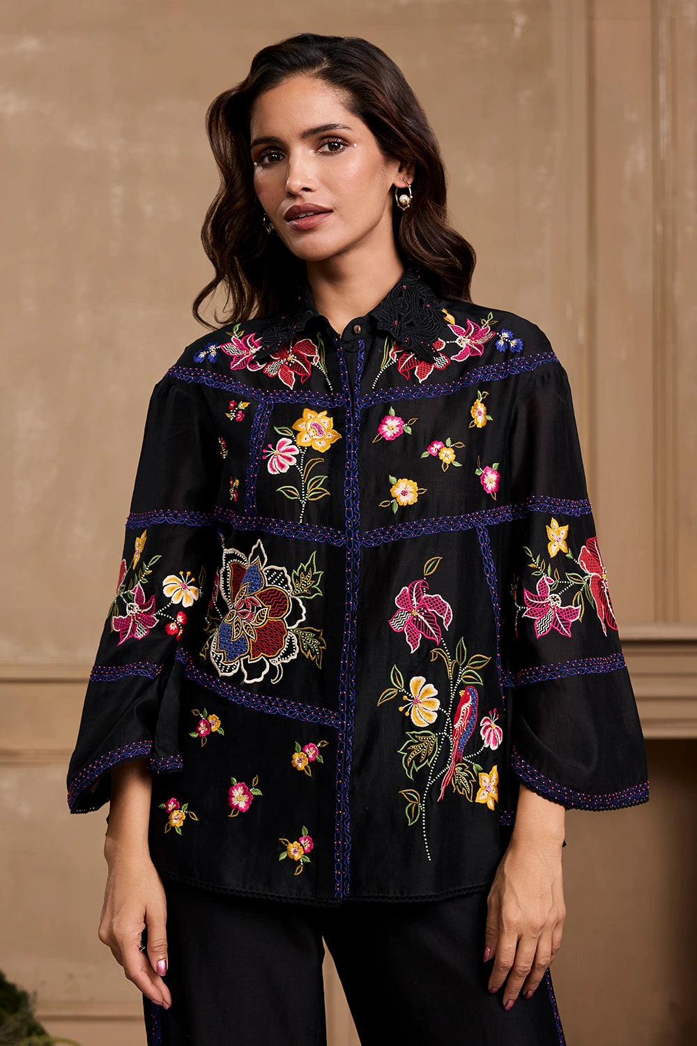 Black Floral Embroidered Panel Shirt With Pant