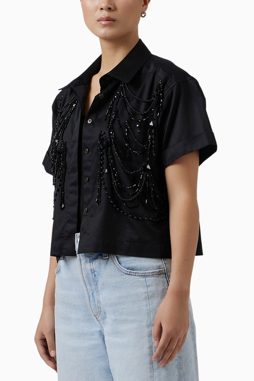 Fringe Black Crop Shirt