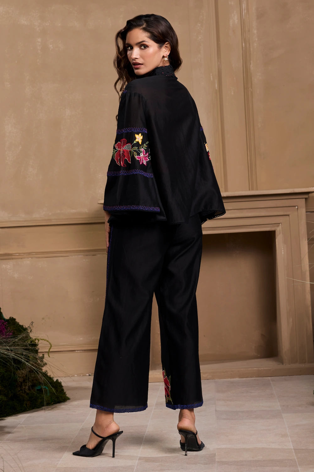 Black Floral Embroidered Panel Shirt With Pant