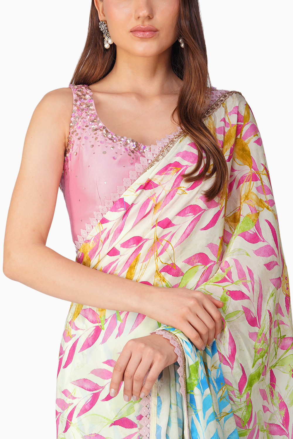 Leaf Print Pre-Stitched Saree Set