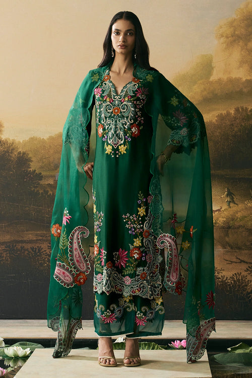 Emerald Green Contrast Floral Cordwork Kurta Set