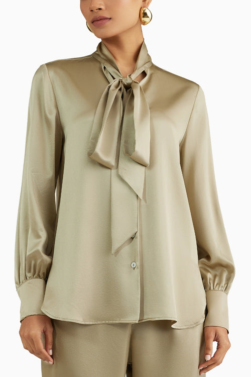 Olive Silk Long-Sleeved Tie-Neck Top