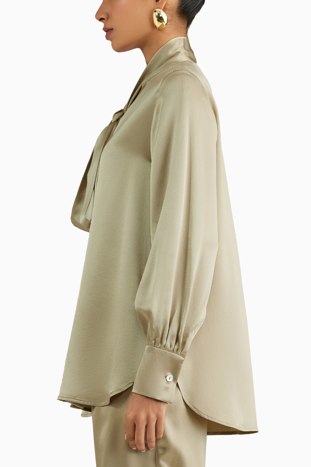 Olive Silk Long-Sleeved Tie-Neck Top