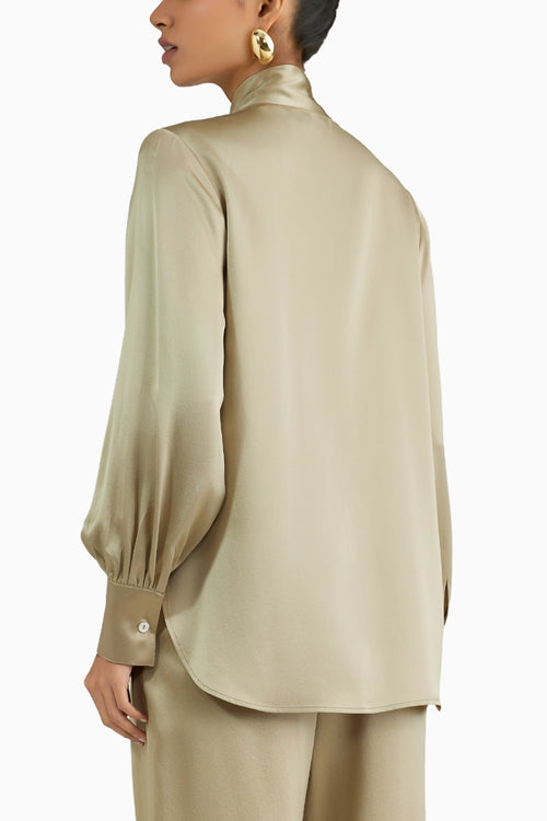 Olive Silk Long-Sleeved Tie-Neck Top