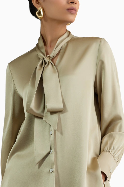 Olive Silk Long-Sleeved Tie-Neck Top