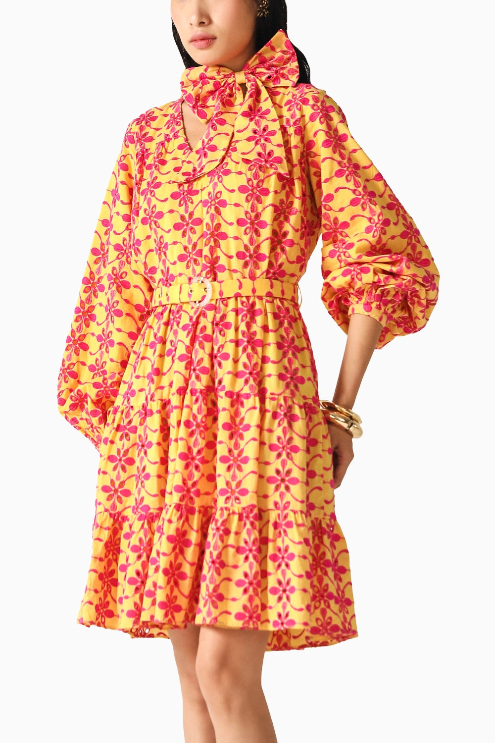 Bella Yellow-Pink Schiffli Dress