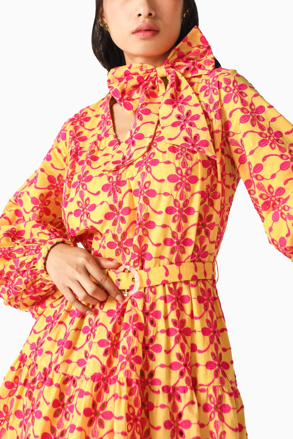 Bella Yellow-Pink Schiffli Dress