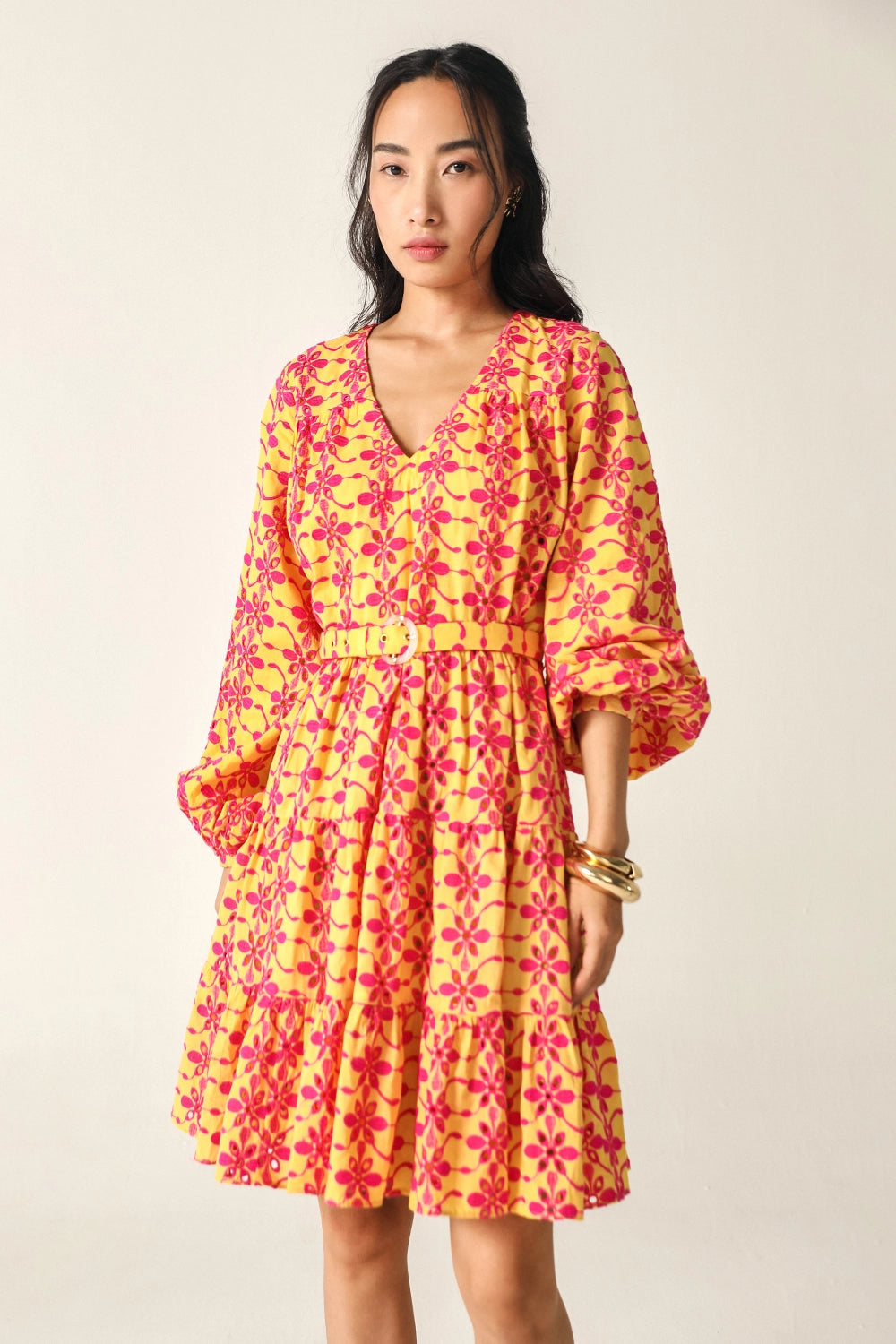 Bella Yellow-Pink Schiffli Dress