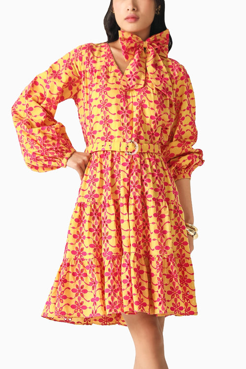 Bella Yellow-Pink Schiffli Dress