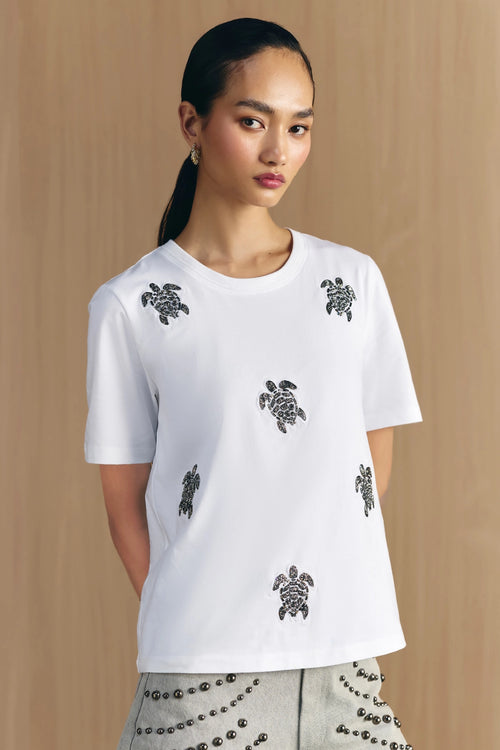 White Turtle Embellished T-Shirt