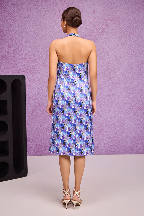 Blue Aquarelle Print Halter Neck Dress