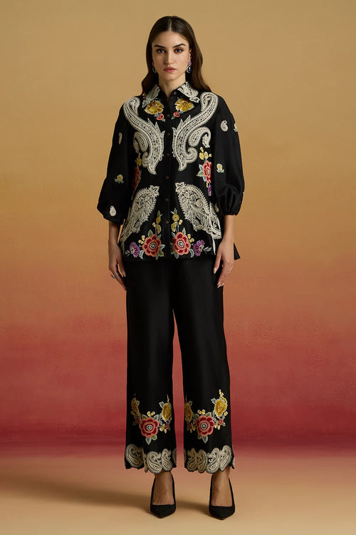 Black Contrast Paisley Amaryllis Pants