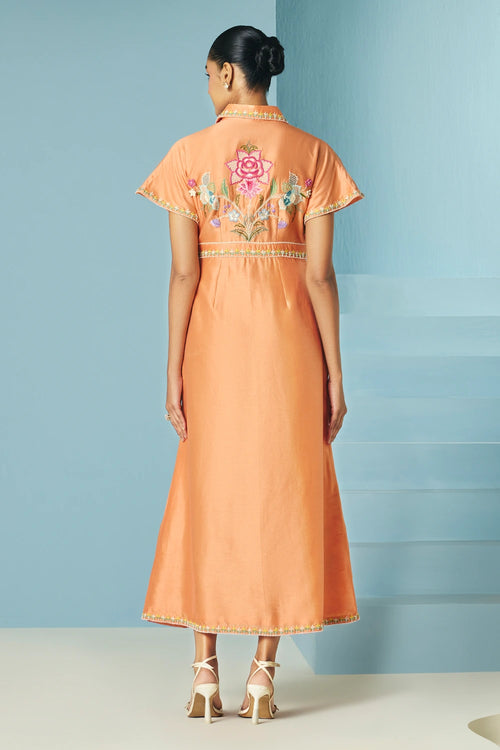 Orange Embroidered Shirt Dress