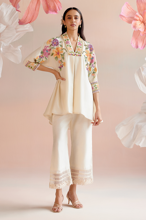 Ivory Floral Beadwork Kimono with Cutwork Pants