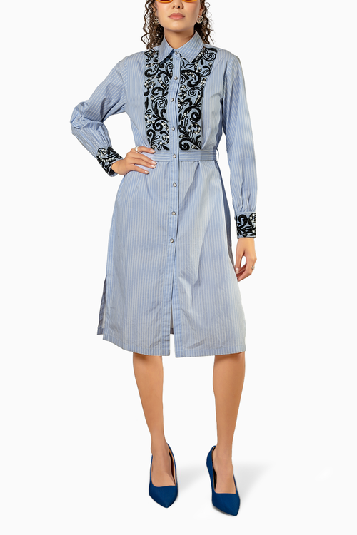 Dark Blue Emberoidered Detailied Placket And Cuff On Stripe Cotton Dress