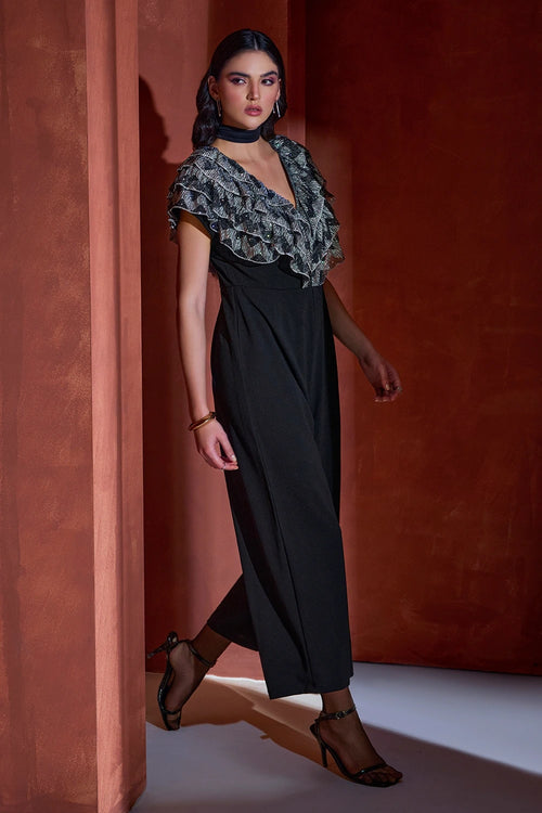 Black Metallic Ruffled Jumpsuit
