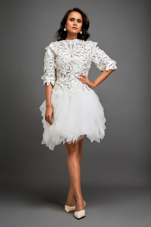 White Floral Top With Ruffled Sheer Skirt