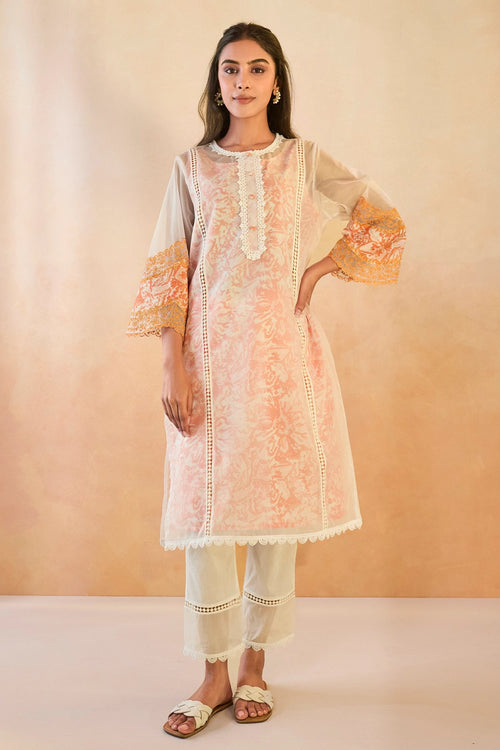 Orange Floral Embroidered Organza Slip Kurta Set