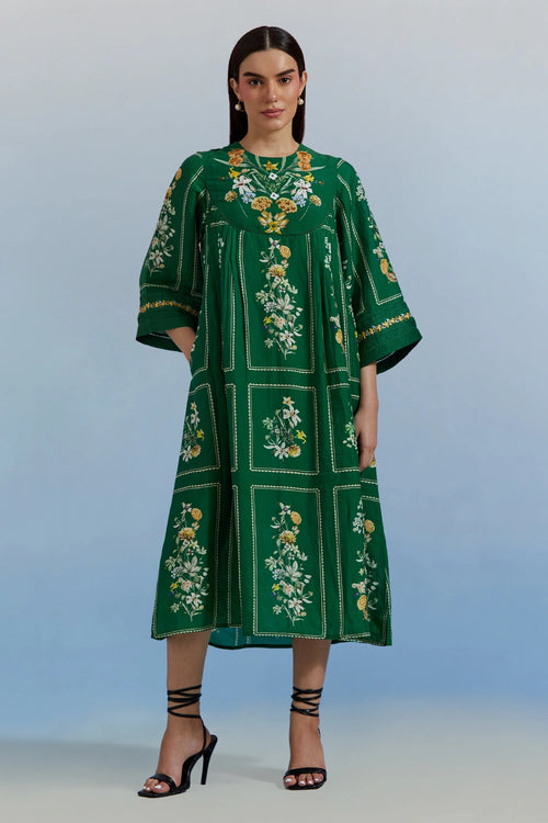 Green Bouquet Pleated Dress