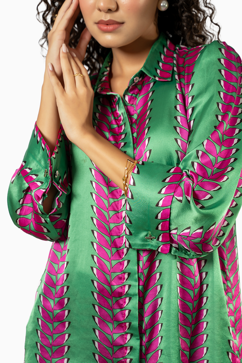 Green Satin Printed Set