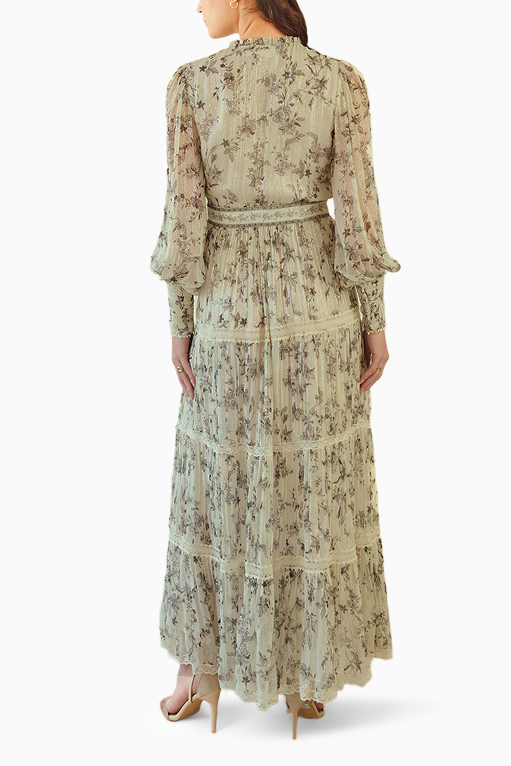 Dusty Ivory Long Printed Dress with Buckle Belt