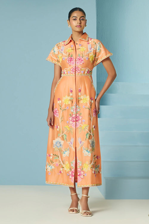 Orange Embroidered Shirt Dress