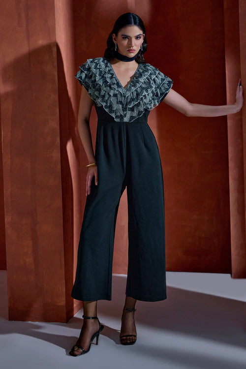 Black Metallic Ruffled Jumpsuit