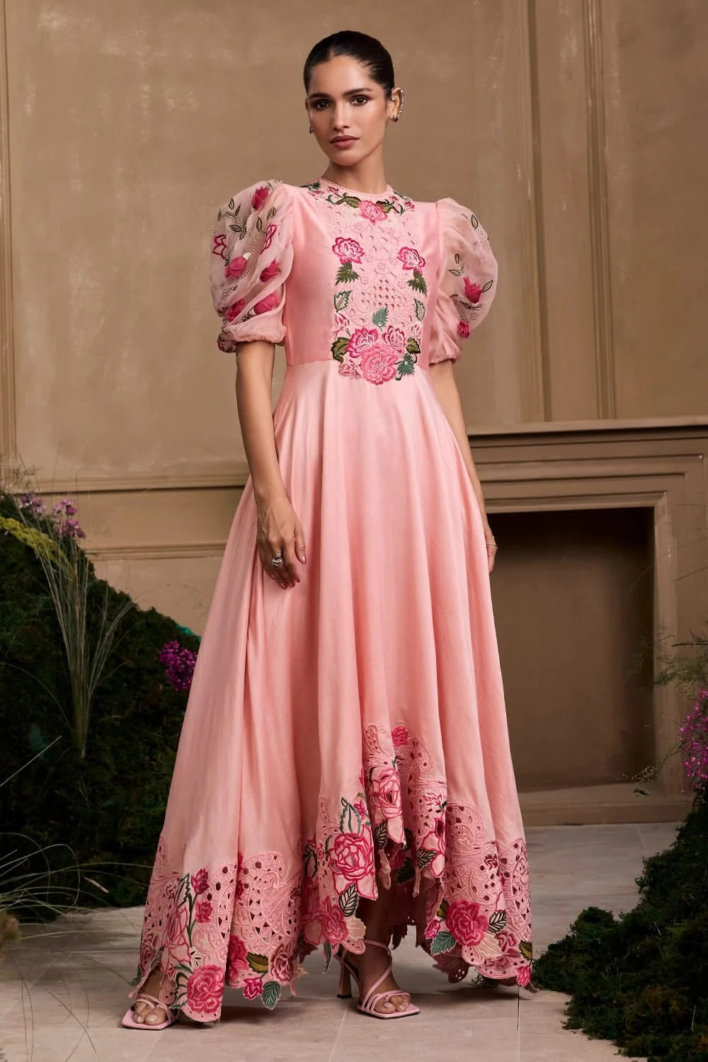 Rose Pink Embroidered Flounce Dress