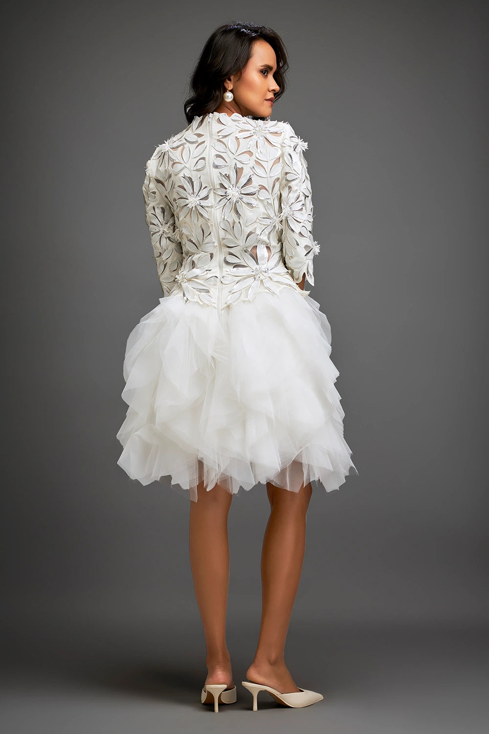 White Floral Top With Ruffled Sheer Skirt