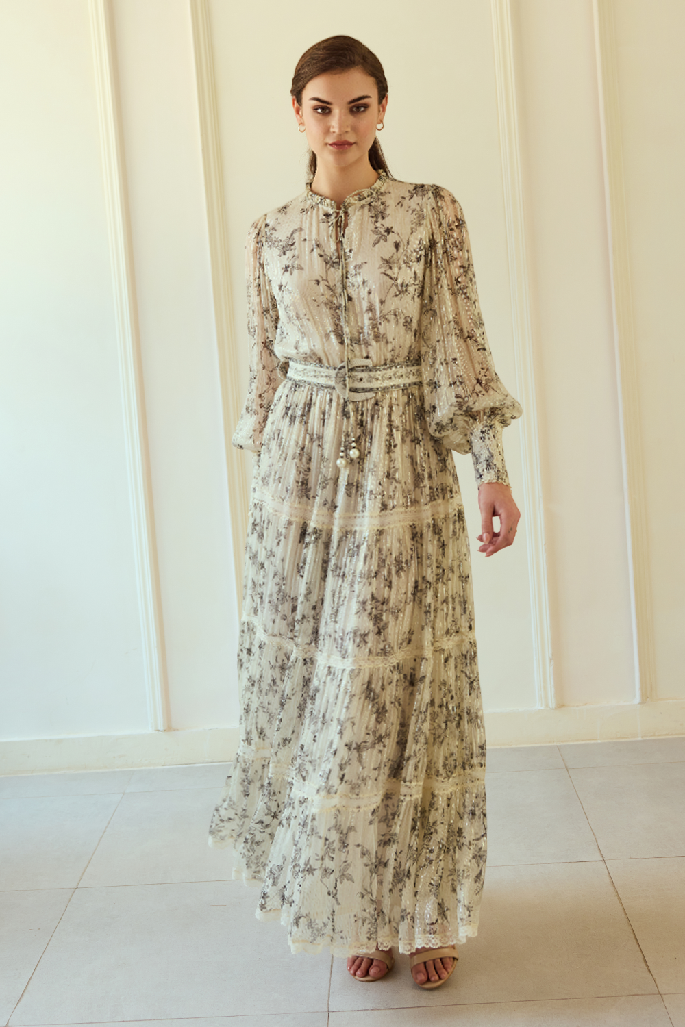 Dusty Ivory Long Printed Dress with Buckle Belt