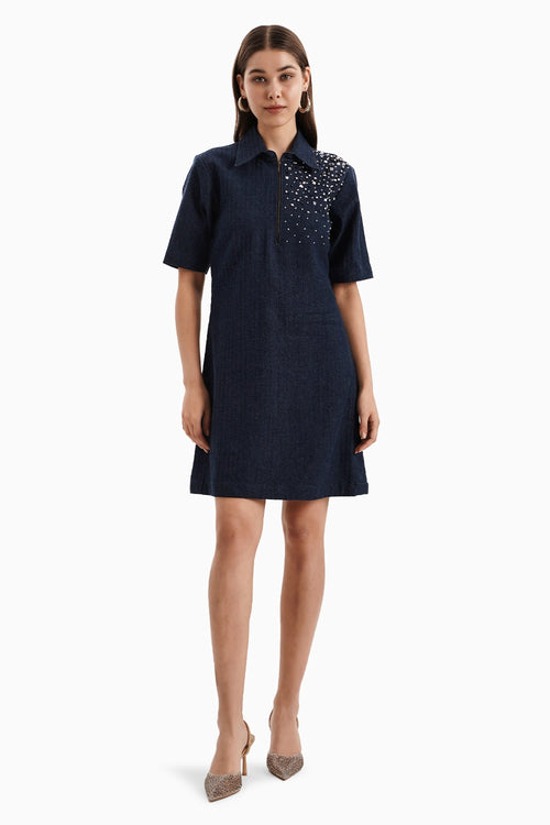 Dark Herringbone Denim Dress