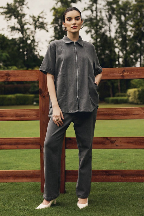 Ash Zipper Jacket with Straight Denim Pants