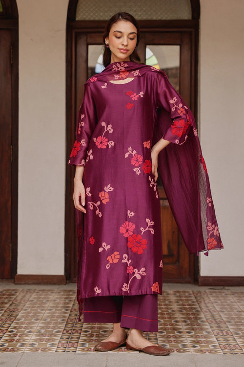 Amethyst Silk Applique Floral Kurta Set