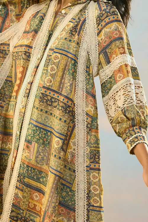 Linen-Lace Printed Dress