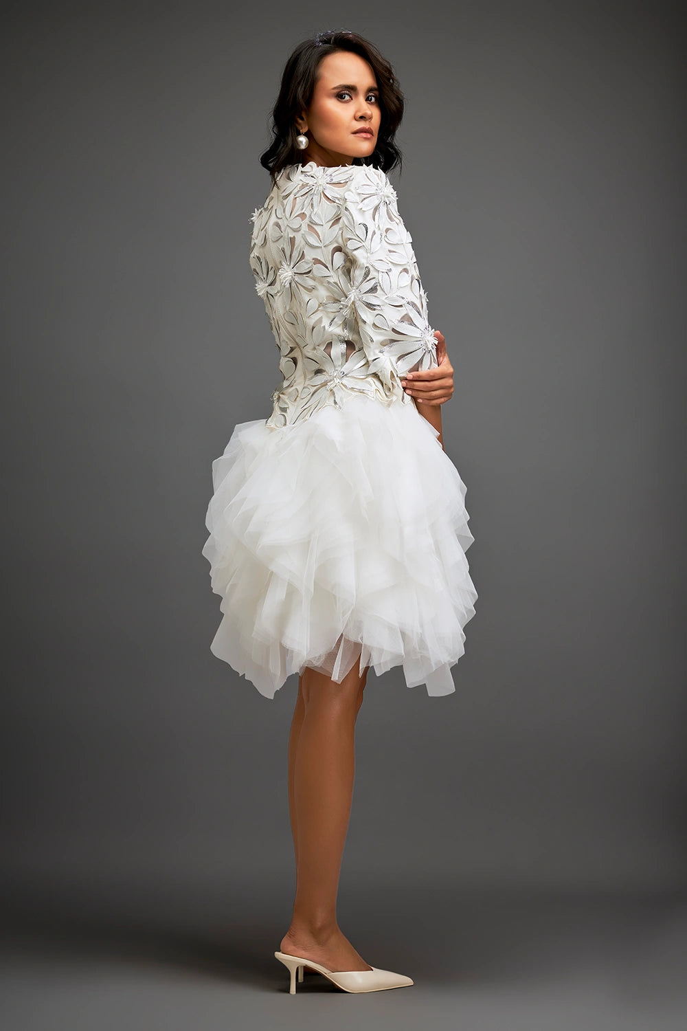 White Floral Top With Ruffled Sheer Skirt